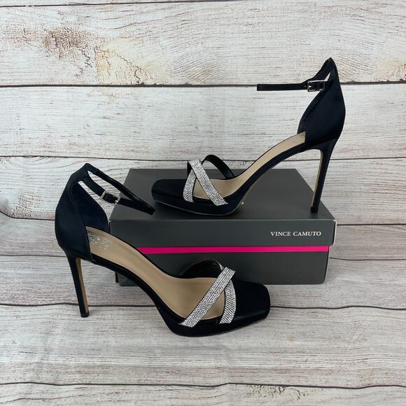 Vince Camuto Kalvira2 Womens Sz 11M Open Toe Heels Black Satin Ankle Strap - Picture 1 of 11